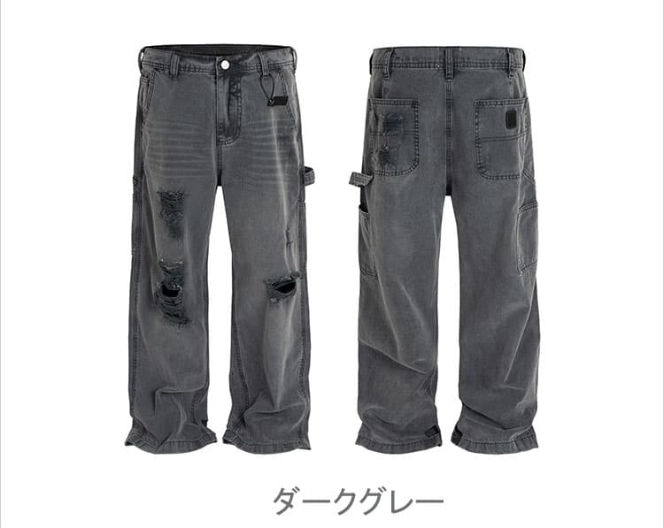 グレー パンツ グレー ダメージ加工 デニムパンツ 男女兼用 ワイド