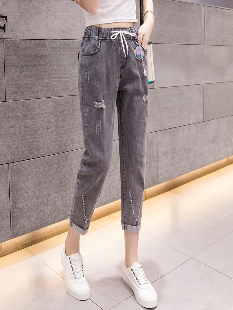 グレー パンツ ダメージ加工七分丈スキニーパンツ