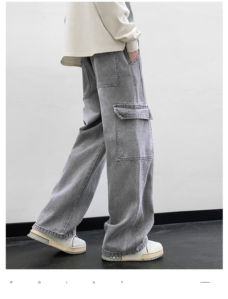 グレー パンツ ゆったりカーゴワイドデニムパンツ