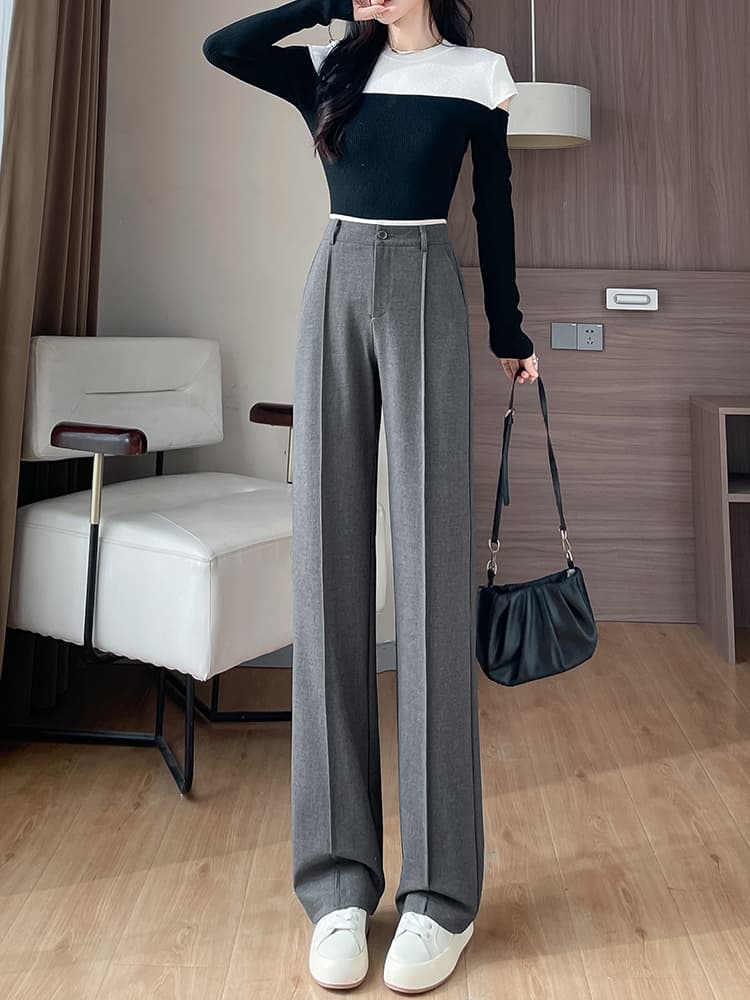 グレー パンツ 上品シルエットワイドタックパンツ