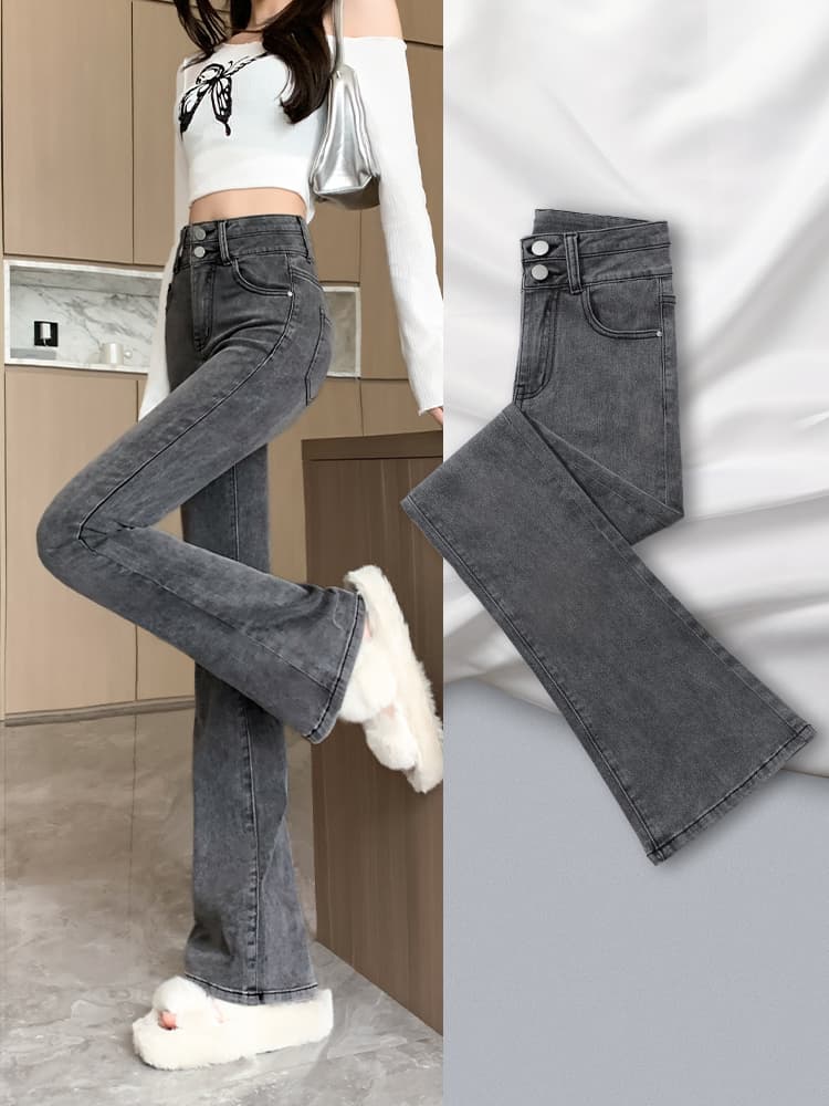 グレー パンツ 細見えハイウエストフレアデニム