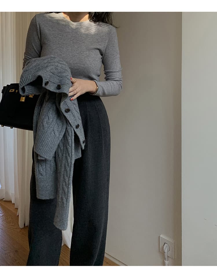 グレー パンツ ウエストタック入り センタープレス ワイドパンツ