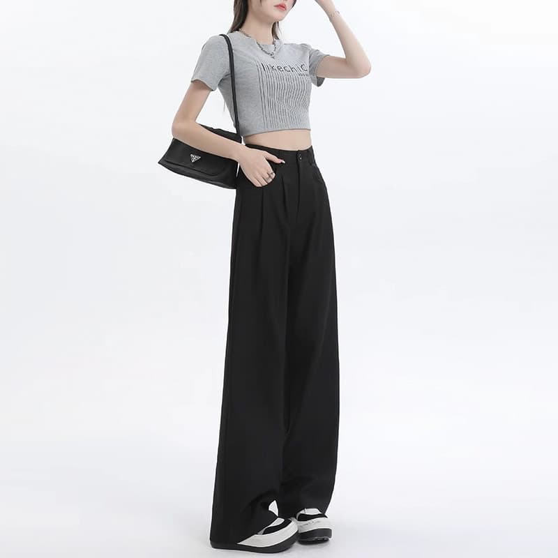 グレーパンツ タックパンツ ハイウエストゆったりロング丈パンツ