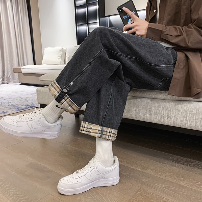 グレー パンツ レトロチェック裾デザインワイドパンツ