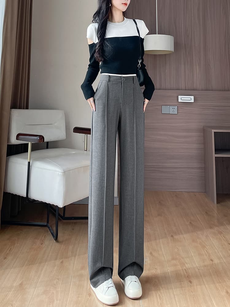 グレー パンツ 上品シルエットワイドタックパンツ