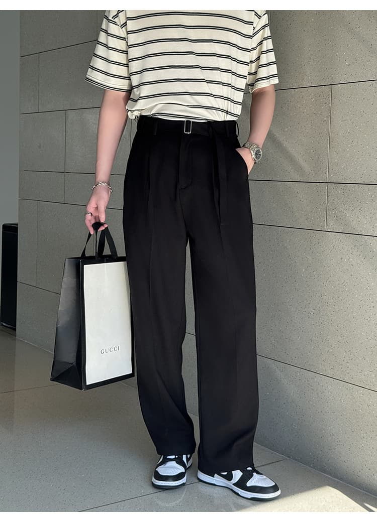 グレー パンツ ゆったりシルエット ベルト付きスラックス