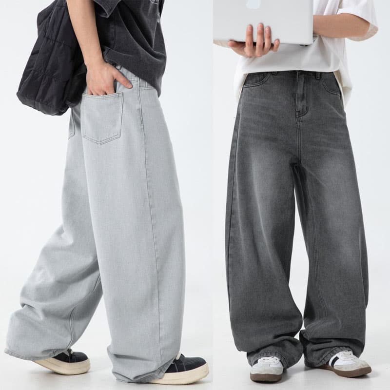 グレー パンツ 男性用 春夏新作 古着風洗い加工 ワイドデニムパンツ 街系普段着
