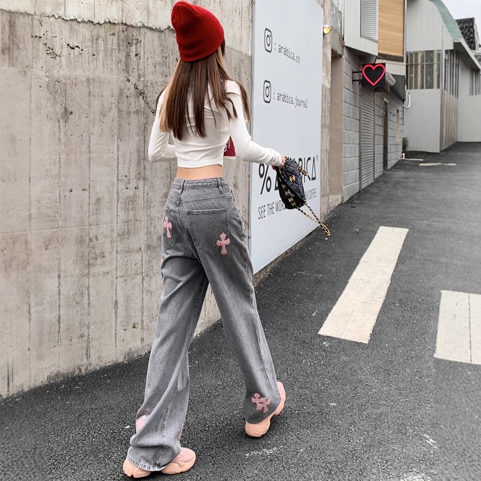 グレー パンツ 十字架モチーフストレートデニム