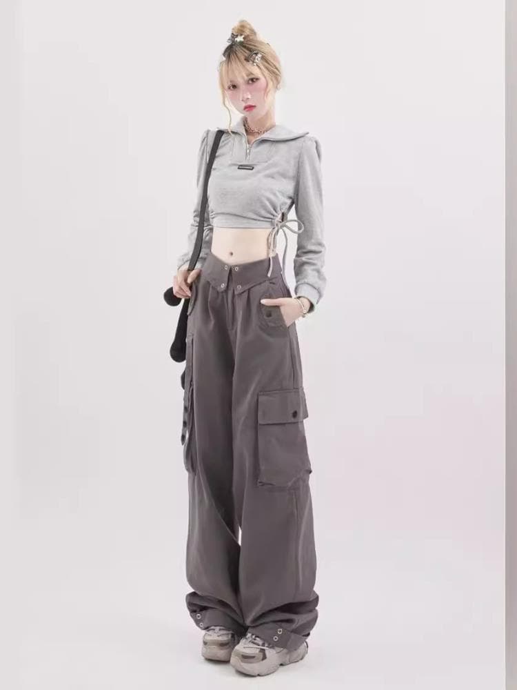 グレー パンツ ワイドシルエット 多機能ポケット付きパンツ