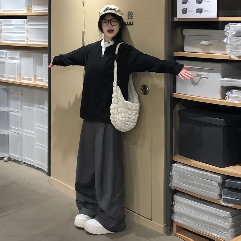 グレーパンツ スラックス ゆったりワイドパンツ
