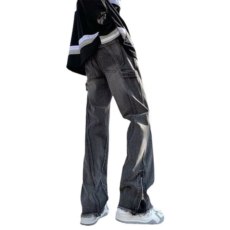 グレー パンツ サイドジップ フレアパンツ