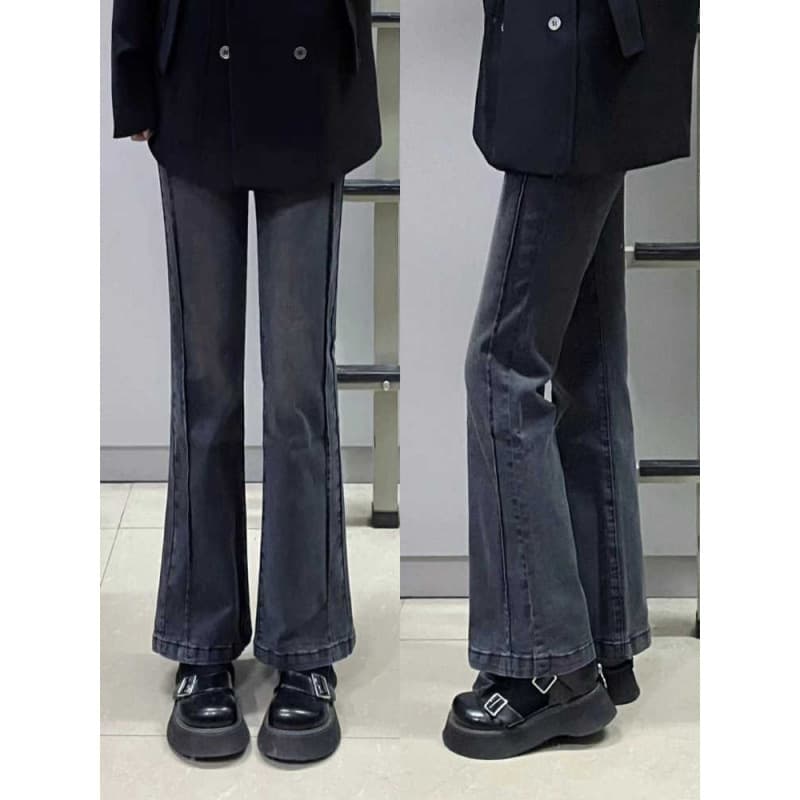 グレー パンツ ワイドフレアデニムパンツ