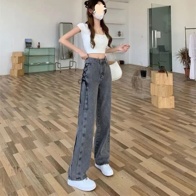 グレー パンツ 編み上げワイドデニムパンツ