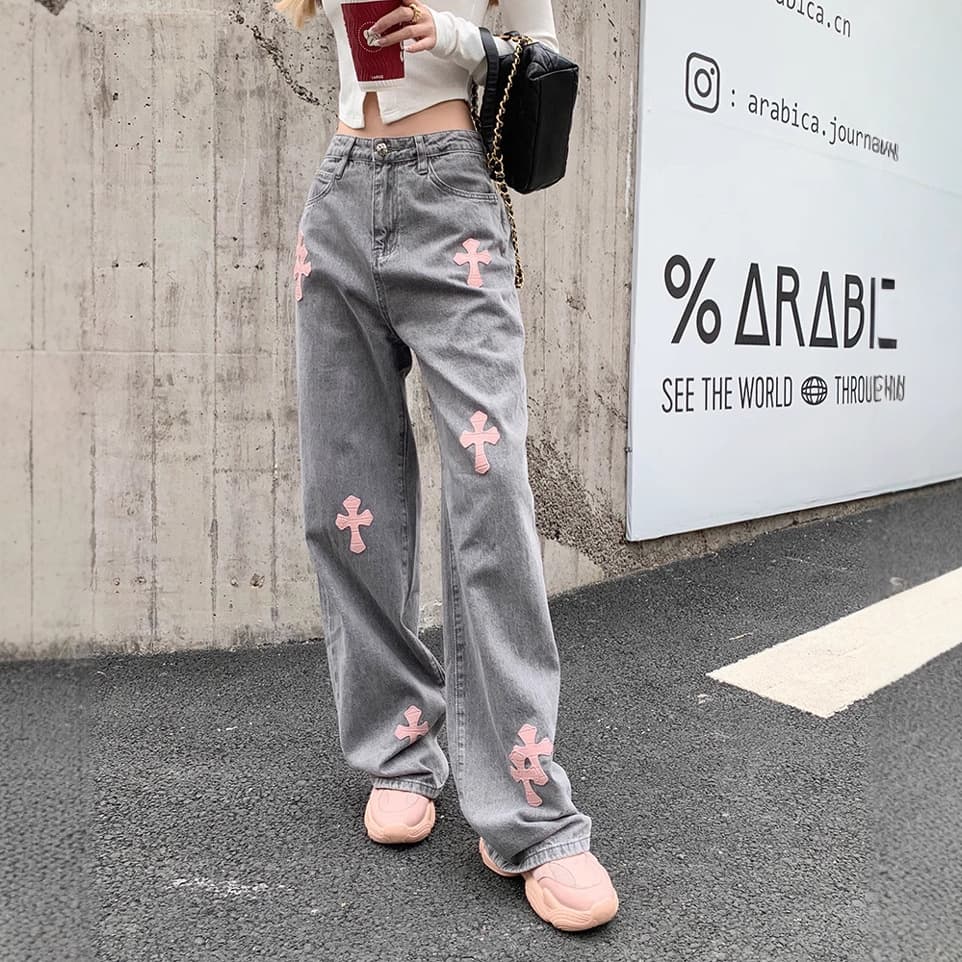 グレー パンツ 十字架モチーフストレートデニム