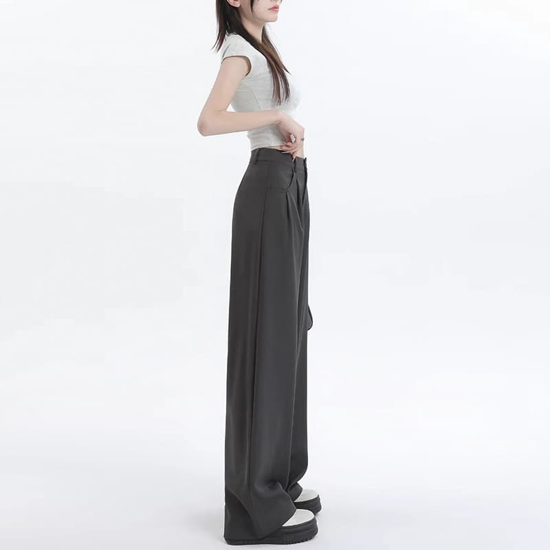 グレーパンツ タックパンツ ハイウエストゆったりロング丈パンツ