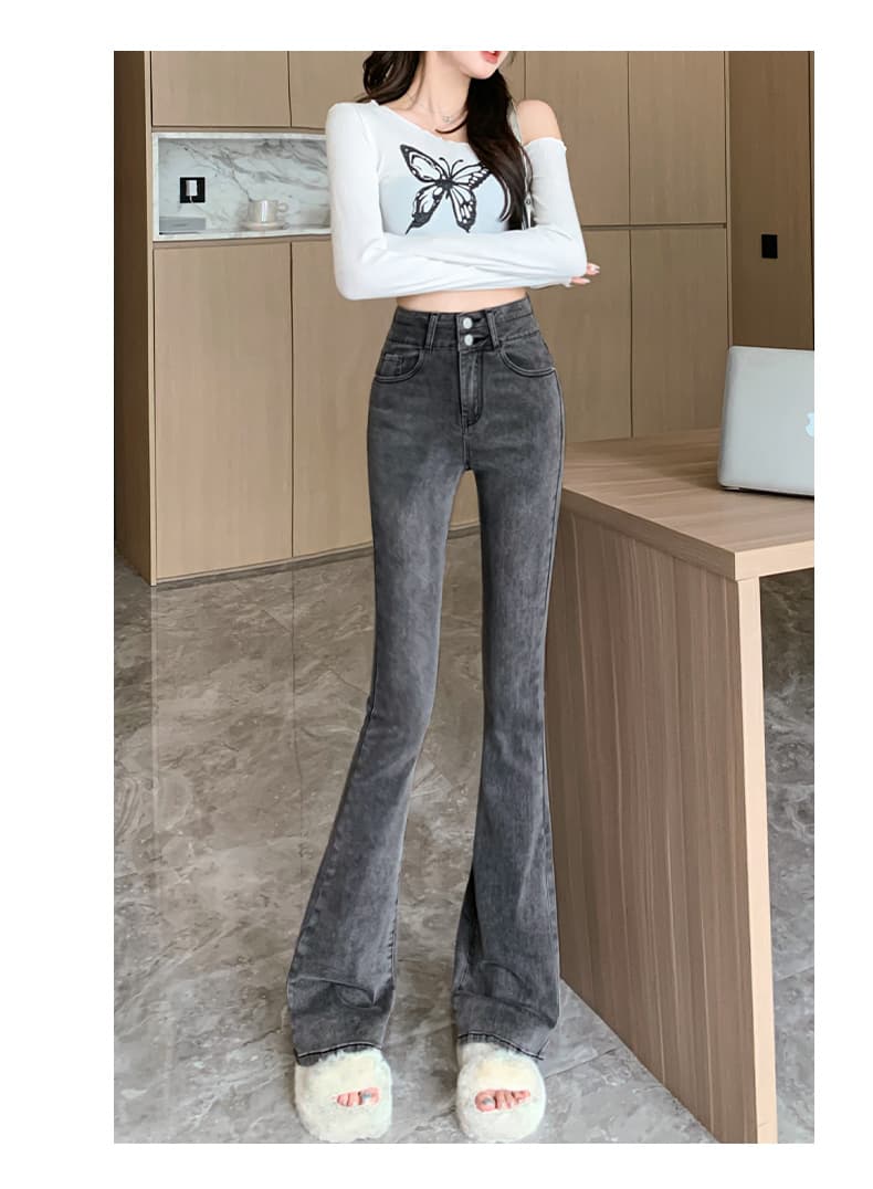 グレー パンツ 細見えハイウエストフレアデニム